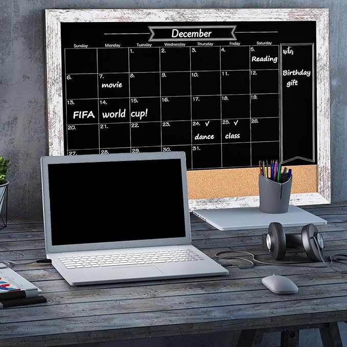 TORASO Magnetic Chalkboard Calendar Corkboard, Small Combination Chalk Board Bulletin Board, 13" x 17", Vintage White Framed Blackboard Calendar Cork Combo Board(ZHHB-Wood WH-3343)