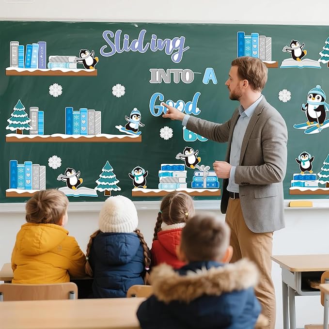 TICIAGA 79Pcs Winter Penguin Sliding Into A Good Book Bulletin Board Set, Winter Penguin Bookshelf Cutouts Trim Border for School Library Learning Classroom Chalkboard Wall Christmas Decorations