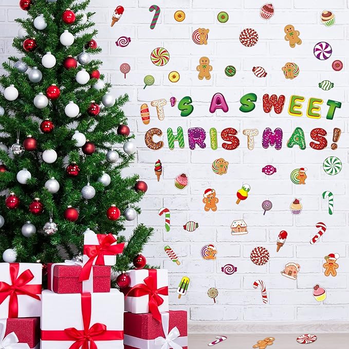 Marspark 68 Pcs Candy Land Cutouts Christmas Bulletin Border Decoration Peppermint Lollipop Round Gingerbread Man Wall Cutouts It's a Sweet Christmas Decor for Classroom Holiday