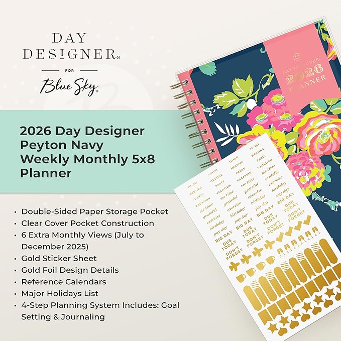 Blue Sky Day Designer 2026 Weekly and Monthly Planner Calendar, January 2026 - December 2026, 5" x 8", Clear Pocket Cover, Durable Twin Wire Binding, Includes Storage Pocket, Stickers, Peyton Navy