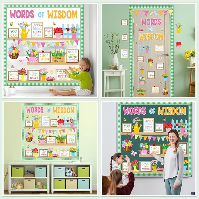 Spring Bookshelf Bulletin Board Words of Wisdom Classroom Bulletin Board Decor Inspirational Quote Flower Bee Cutouts Plant Bulletins Boards for Spring Class Chalkboard Wall Decor Teacher Supplies