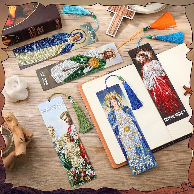 Sinload 10 Pcs Christian Diamond Art Bookmark for Adults Catholic Saint Diamond Bookmarks with Tassel 5d Jesus Virgin Mary Diamonds Painting Book Mark for Reading Lover DIY Crafts Religious Gift