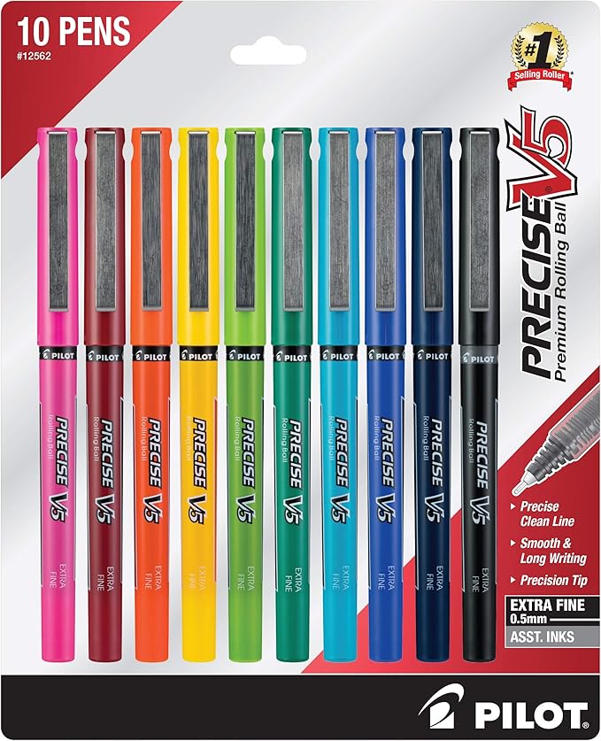 PILOT Precise V5 Stick Liquid Ink Rolling Ball Stick Pens, Extra Fine Point (0.5mm) Assorted Ink Colors, 10-Pack (12562)