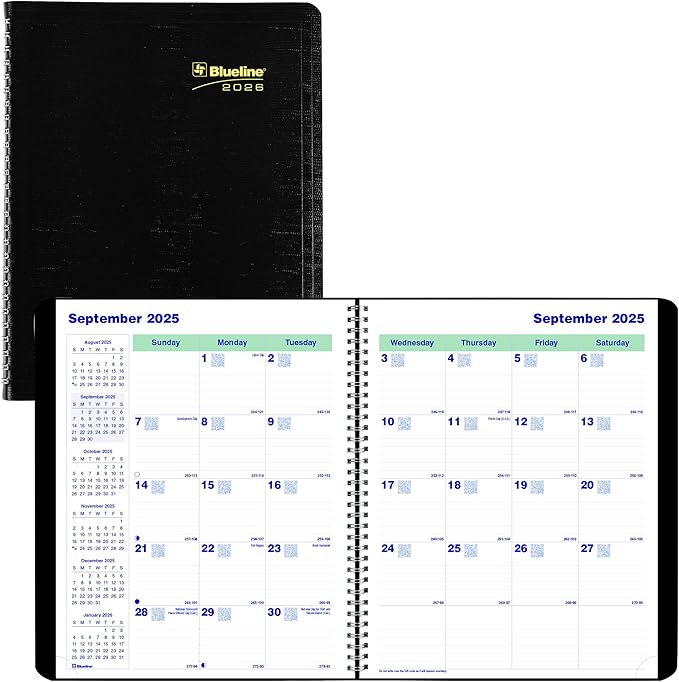Blueline® 2026 Plan & Link™ Essential Monthly Planner, 16 Months, September 2025 to December 2026, Twin-Wire Binding, 9.25" x 7.25", Black (C1200.81T-26)