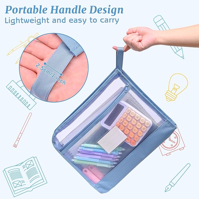 Mesh Zipper Pouch Bag with Handle, A4 Sized Double-Layer Clear Nylon Document Bags with Label, 14 x 10 in File Puzzle Storage Organizer for School Office Travel Supplies (Beige)