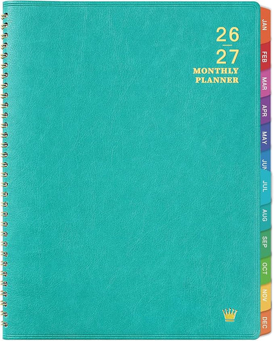 2026-2027 Monthly Planner - Jul 2026 - Dec 2027, 18 Months Calendar/Planner with Faux Leather, 8.86" x 11.4", 15 Notes Pages, Strong Twin - Wire Binding, Pocket, Monthly Tabs, Perfect Organizer- Green