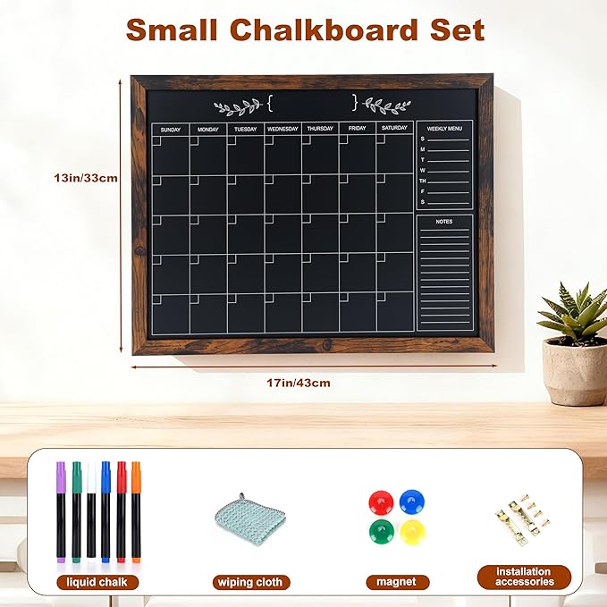 Chalkboard Calendar for Wall,13" x 17",Small Rustic Framed Magnetic Chalkboard for Home Kitchen Office School