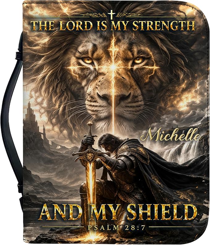 Personalized Man of God Bible Cover for Men, Christian PU Leather Bible Case with Handle Zipper, God Says I Am Warrior Scripture Bible Holder, Religious Gift for Men (The Lord id My Strength)