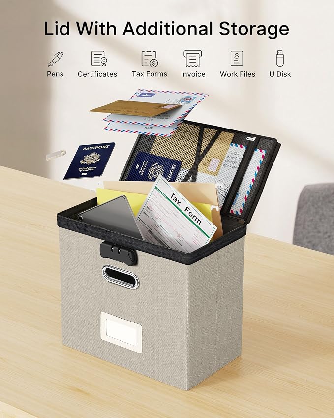 Oterri File Organizer Boxes with Lids, File Box with Mesh Pockets for Letter Size Folders, Lockable Zippers Filing Box for Home,Office, School(Beige, Small-L-1 Pack Without Folders)