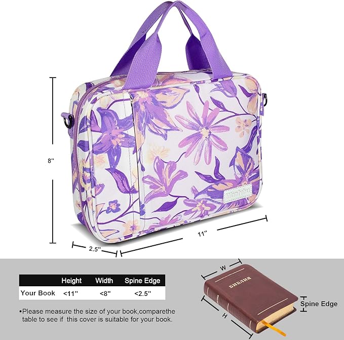 Bible Cover for Men Women, Zippered Bible Carrying Case Bible Protective Bag with Handle and Adjustable Shoulder Strap, Gift for Women Men Kids (Purple Flower)