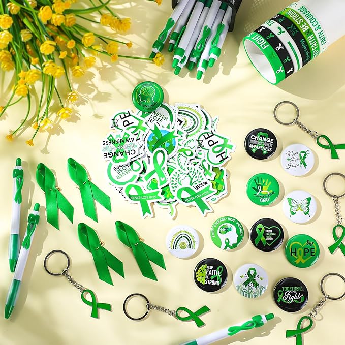 122 Pcs Ribbons Awareness Accessories Includes Ribbons Bracelets Stickers Pins Pens Keychain for School Charity Fundraiser Public Activities Supplies(Mental Health,Green)