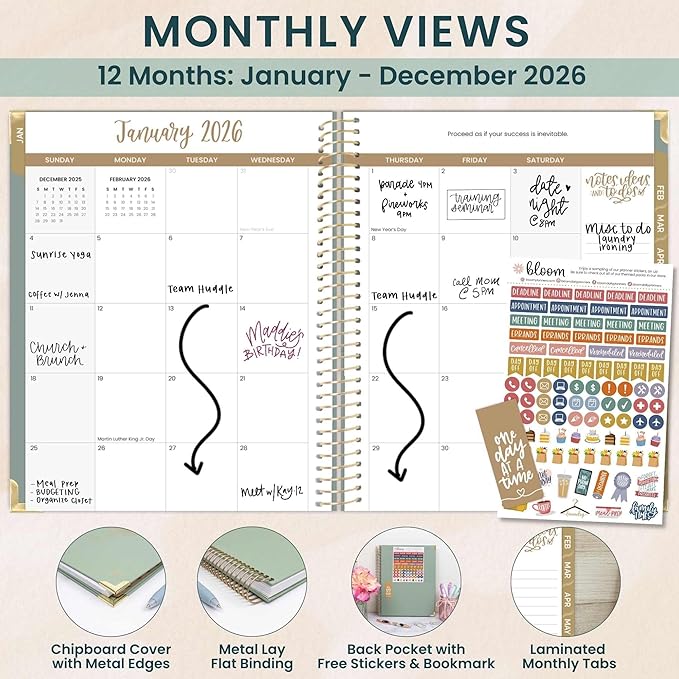 bloom daily planners HARDCOVER 2026 Planner for Women (January to December) - 8.5” x 11” Weekly & Monthly Dated Agenda Organizer Book with Stickers & Tabs - Green Linen