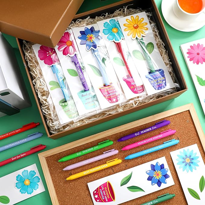 Fuyoooo 50 Set Teacher Appreciation Pens Bulk Thank You Gift Thank You for Helping Me Grow Inspirational Ballpoint Pens with Cards for School Office Supplies(Flowerpot)
