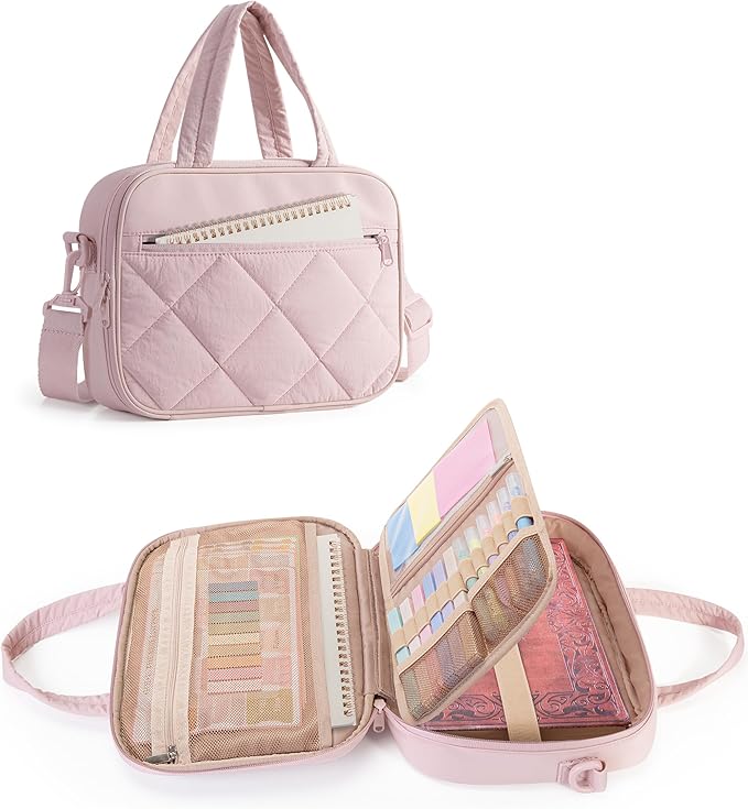 Marscamd Quilted Bible Cover Case with Crossbody Strap and Multiple Pockets, Lightweight Bible Bag for Women, Pink