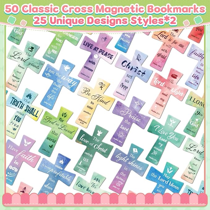 50Pack Magnetic Bookmarks Bulk Cross Bible Bookmark Christian Bookmarks for Women Men Kids Adults Teacher Book Lovers Gifts, Book Marks for Reading Religious Verses Magnet Bookmark Clips (Watercolor)