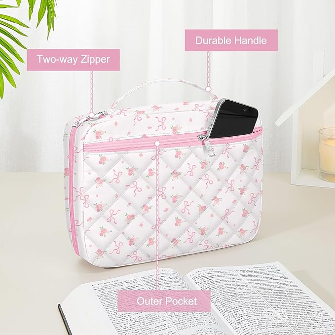 Bible Cover Case for Women, Quilted Bible Cover Bag with Handle for Girls, Bible Carrying Case Study Supplies Accessories for Women