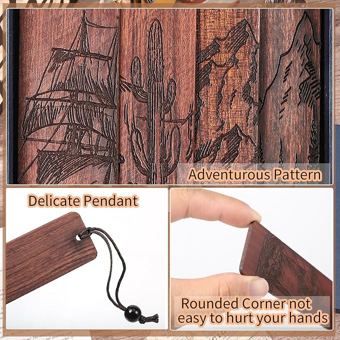 4Pcs Wood Bookmark for Men Father's Day, Adventure Wooden Carving Book Mark Vintage Bookmark for Men Boy Book Lovers Birthday Present Students Teachers Appreciation