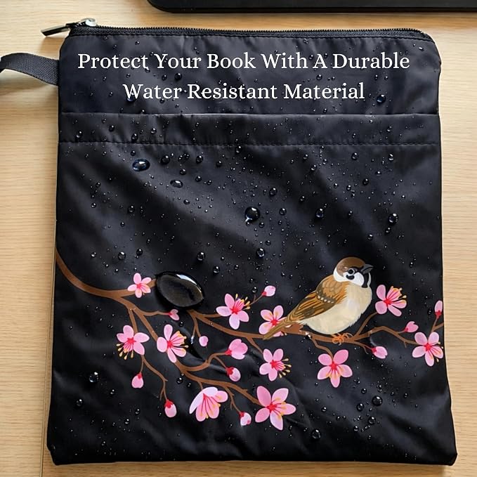 The Story Satchel Book Sleeve with Spacious Front Pocket - A Waterproof Protector Book Bag Pouch with Zipper - Perfect Book Lovers Gifts for Hardcover or Paperback (Bird Black)