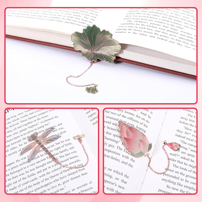 4Pcs Metal Bookmarks with Chain Plant Bookmark Golden Lotus Leaf Birthday Gifts Unique Teacher Christmas Gifts Literary Accessory Appreciation Stuffers for Book Lovers Writers Readers Women Adults