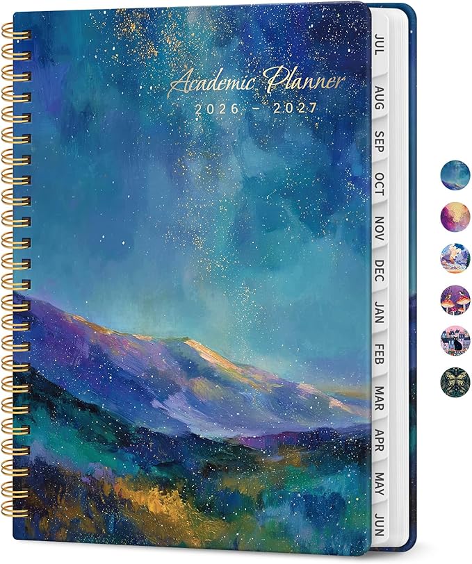 2026–2027 Academic Planner Book, Weekly and Monthly Layout, July 2026 to June 2027, Hardcover Agenda with Tabs, A5 (6.3" x 8.5"), School and Office Supplies - Starlit Peaks
