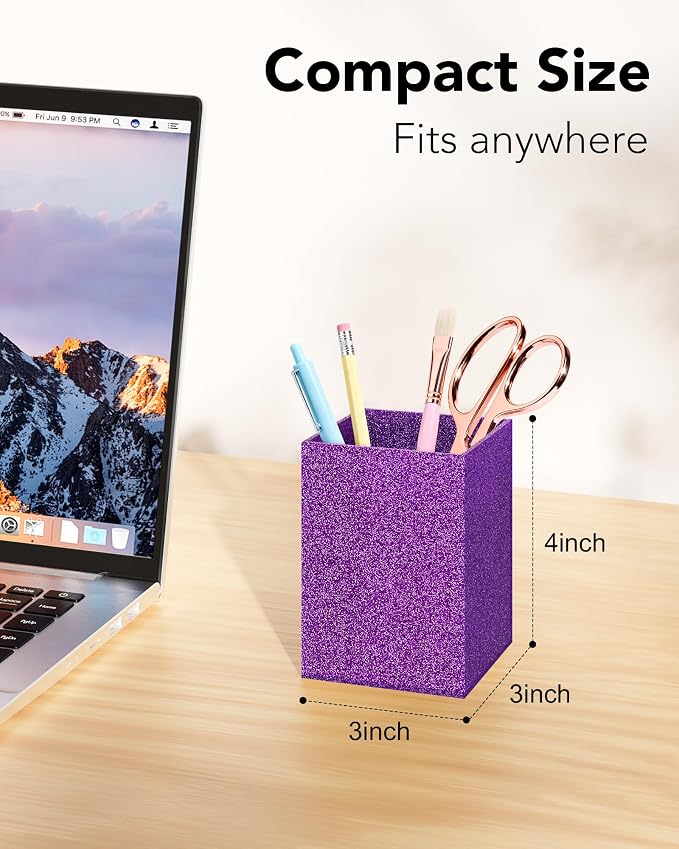 Purple Glitter Acrylic Pen Holder, Acrylic Makeup Brush Storage Organizer, Pencil Pen Holder for Desk, Modern Desktop Accessories for Office School Home Supplies