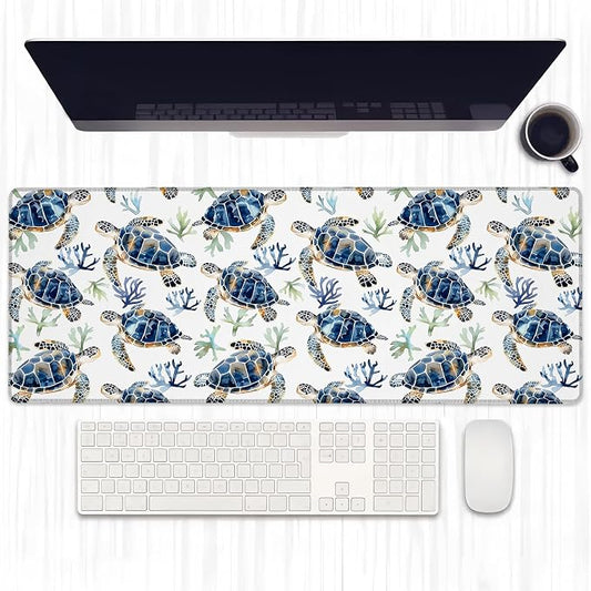 Cute Sea Turtle Gaming Mouse Pad, Extended Blue Turtles and Coral Desk Mat Computer Laptop Mousepad, Robust Stitched Edges, 31.5"×11.8" Large Office Keyboard Mouse Pads for Home Desktop Decor