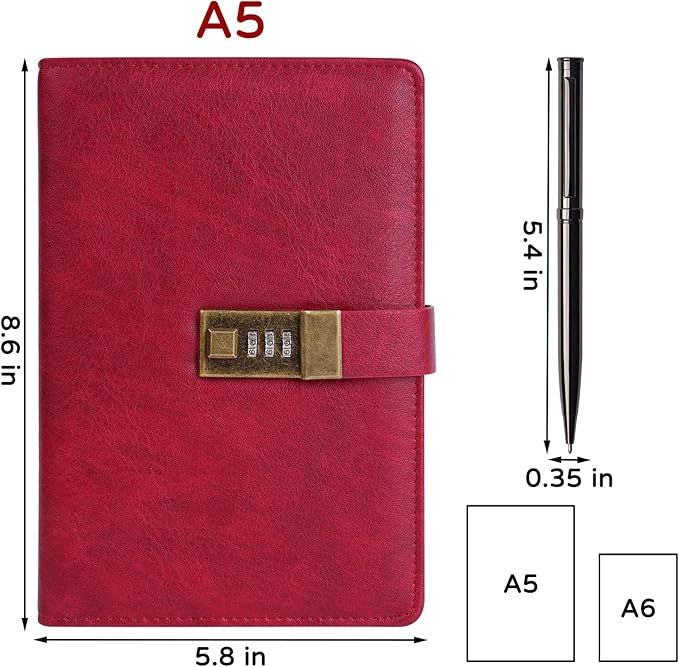 WEMATE Diary with Lock, A5 PU Leather Journal with Lock 240 Pages, Vintage Lock Journal Password Protected Notebook with Pen & Gift Box, Lock Diary Planner Organizer for Men and Women, 8.6x5.8in