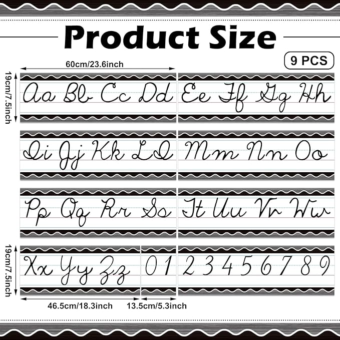 Set of 9 Cursive Writing Bulletin Board Cursive Alphabet Wall Strip for Teacher Supplies, Classroom Teaching Tool, Homeschooling, Kids Education(Rustic)