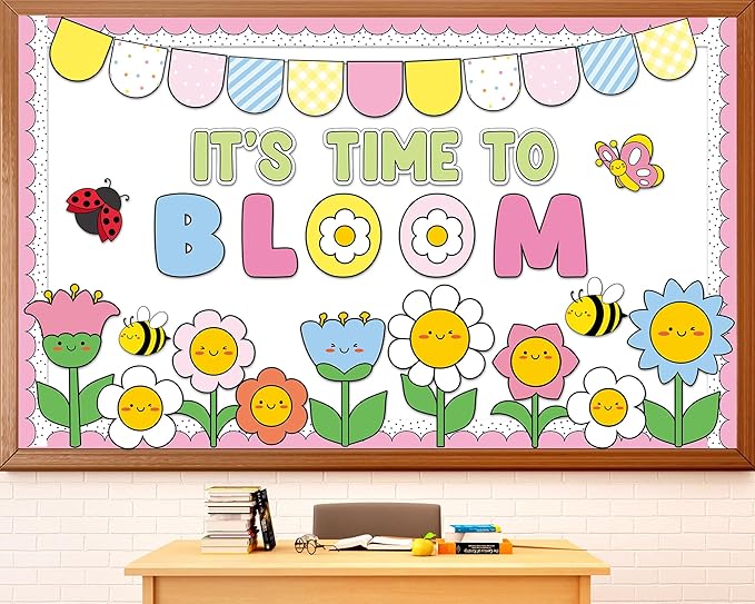 Spring Theme Bloom Flower Bulletin Board Set It's Time to Bloom Classroom Decoration Springtime Floral Bee Butterfly Paper Cutouts for Back to School Home Nursery Chalkboard Wall Decor Party Supplies