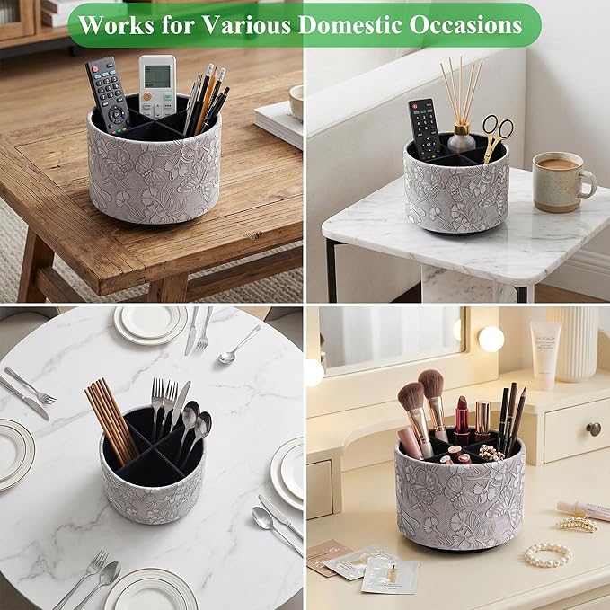 Round Leather Art Supply Organizer,Remote Control Holder,360-degree Rotating Pen Organizer with 4 Compartments(1-Butterfly Grey)