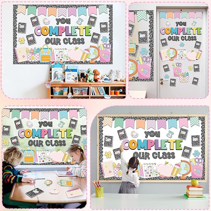 QOUBAI Composition Bulletin Board Set Welcome Classroom Bulletin Board Decoration Colorful Notebook Pencil Paper Cutouts Classroom Decorations for Back to School Office Home Chalkboard Decor Wall Door