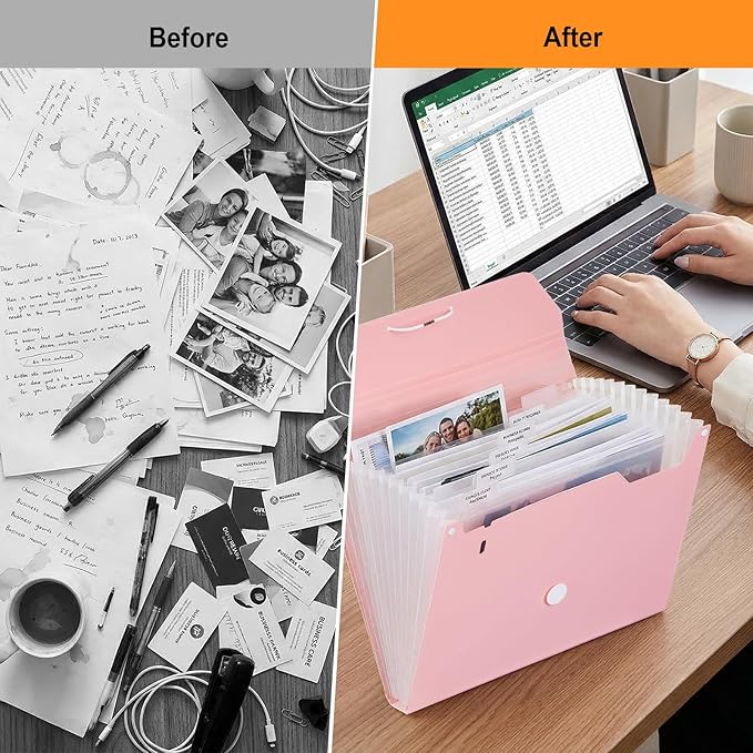 Comix Accordion File Organizer, 13 Pocket Expanding File Floder with Labels for A4/Letter Size Documents, Accordion File Folder for Office, Home, School（Pink）