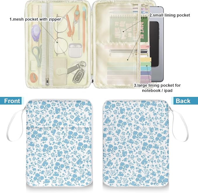 Blue Floral Bible Book Sleeve with Zipper,12"x 9" Padded Protector Washable Book Covers,Books Pouch with Handle Pockets,Travel Book Carrying Case for Books Lovers Paperback,Mother's Day Christian Gift