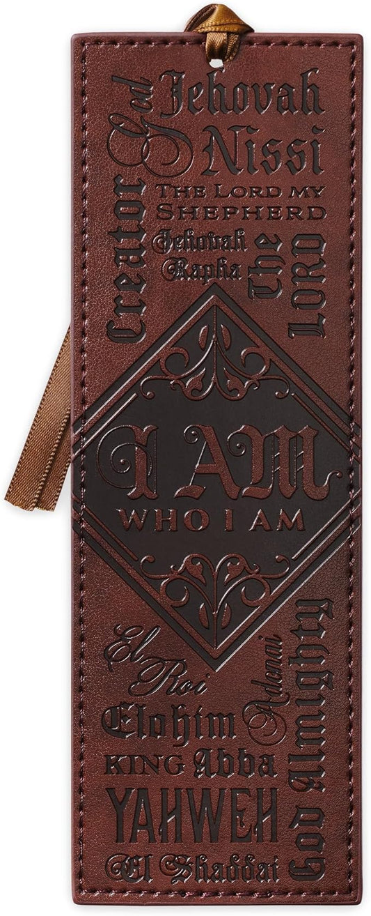 Christian Art Gifts Vegan Faux Leather Scripture Bookmark for Men: Names of God - Exodus 34:5 Inspirational Bible Verse Heat-Debossed, Faith-Base Reading Book Accessory with Satin Ribbon Tassel, Brown