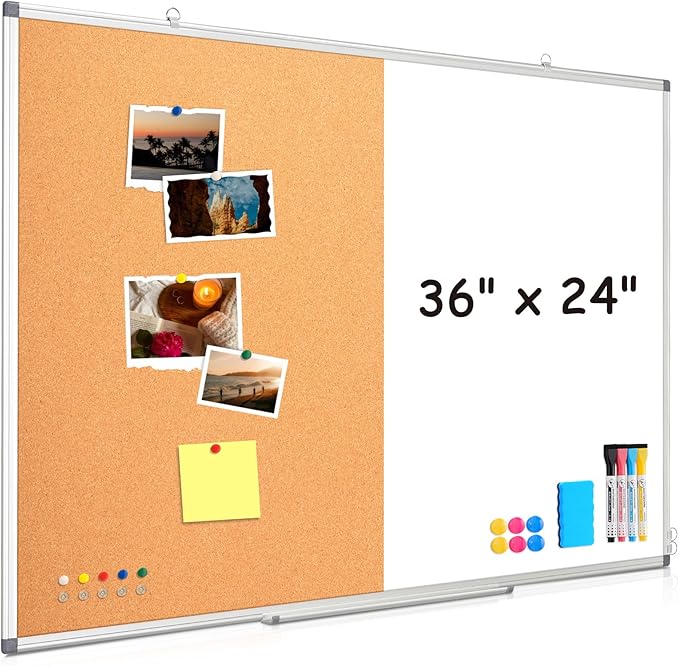WALGLASS Combination Magnetic Whiteboard & Corkboard, 36"x24" Combo for School, Office & Home, Dry Erase Board with Removable Tray, Pins, Eraser, Markers & Magnets