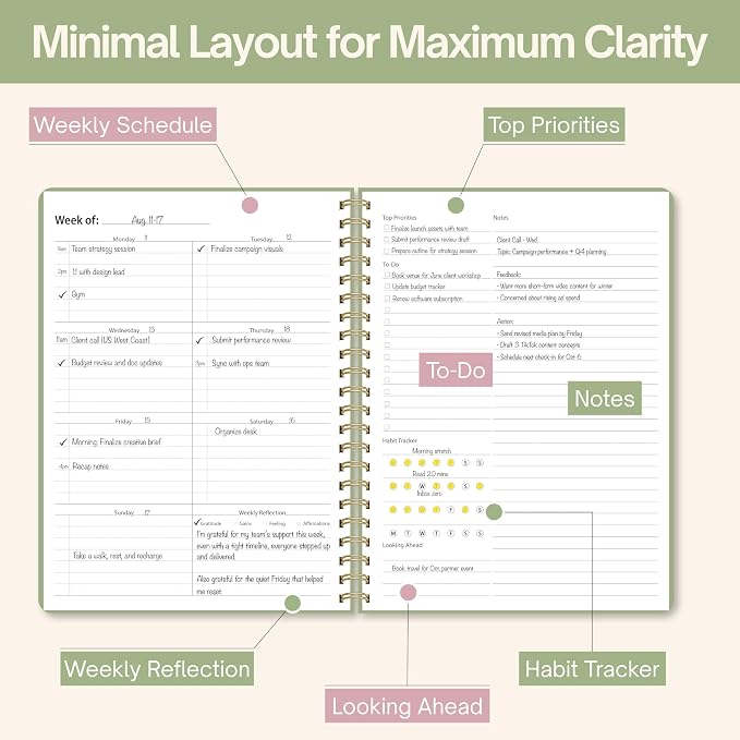 Undated Weekly Planner, 8.5" x 11", Dashboard Layout with Yearly Review, Monthly Calendars, & Weekly To Do List, Spiral Bound Organizer for Work, Study & Life (Green)