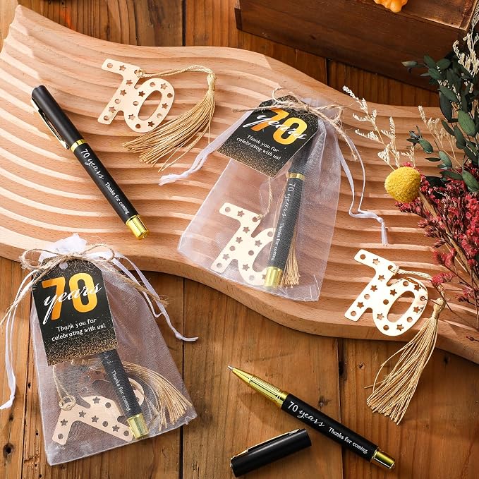 Spakon 25 Set 70th Birthday Party Favor for Guest Anniversary Party Favor Golden Birthday Bookmark Thanks Coming Pen with Tag Appreciation Gifts for Women Men Wedding Anniversary