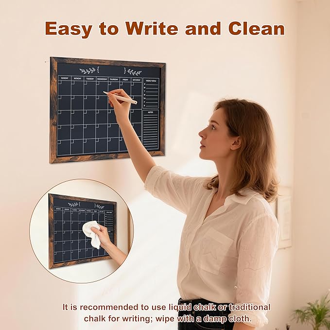 Chalkboard Calendar for Wall,13" x 17",Small Rustic Framed Magnetic Chalkboard for Home Kitchen Office School