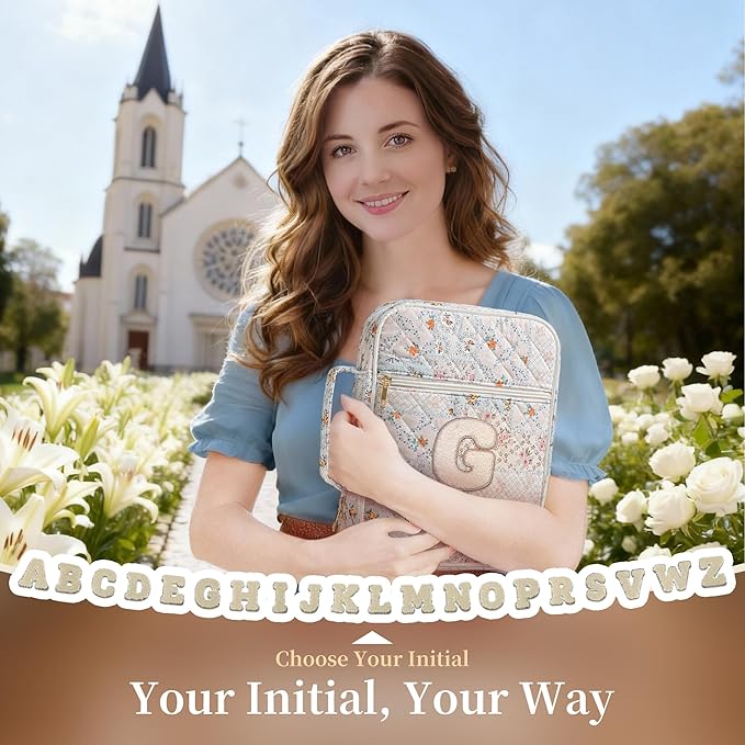 Personalized Initial Bible Cover Case for Women – Large Quilted Bible Bag with Handle, Chenille Letter, Bible Study Kit, Christian Gift for Mom, Grandma & Daughter (Patchwork Floral-G)
