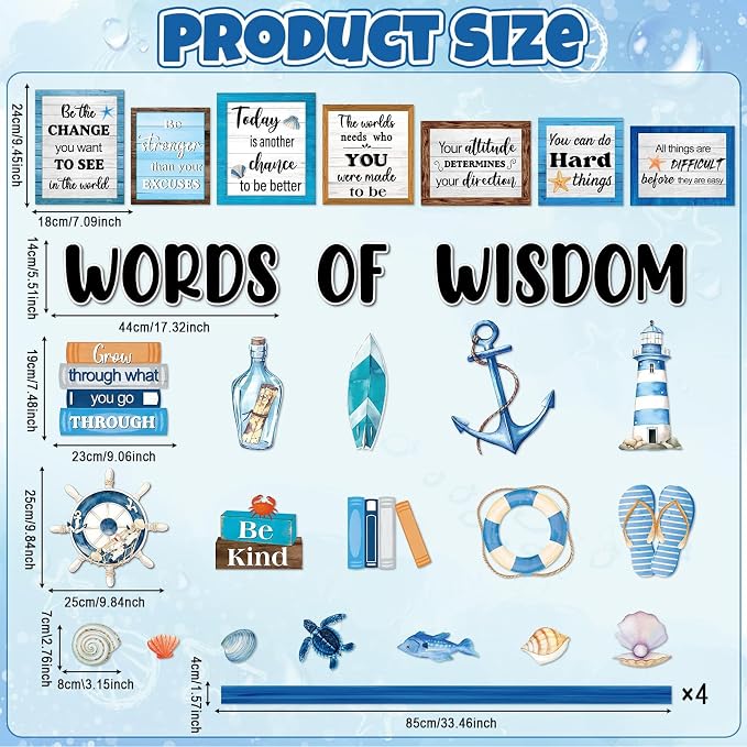 Nautical Words of Wisdom Bulletin Board Classroom Decorations Nautical Inspirational Ocean Bookshelf Paper Cutouts Motivational Door Stickers for Classroom Wall Window Educational Learning Activities