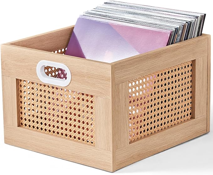 LELELINKY Vinyl Record Storage Crate, Rattan Vinyl Record Holder with Handle, Natural Wood Record Crate for Vinyls Holder up to 75 LP's, Desktop Cube Album Storage for Vinyls Records