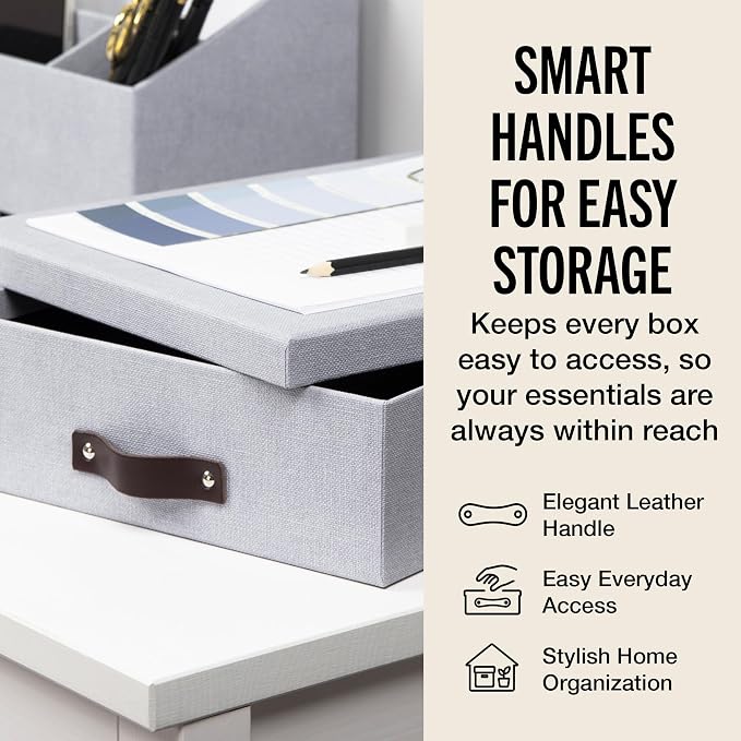 Bigso Oskar Canvas Fiberboard Document Letter Box - File Organizer Box for Important Paperwork - Document Storage with a Lid & Leather Handle - 3.3 in x 10.2 in x 13.8 in - Ash