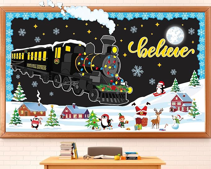 Christmas Train Bulletin Board Decorations Polar Train Express Classroom Decoration North Pole Express Winter Bulletin Board Xmas Believe Polar Golden Tickets Cutout for Winter Holiday Office Supplies