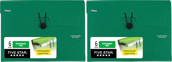 Five Star Expanding File Organizer, 6-Pocket Accordian File Organizer, Bungee Closure, Holds 11" x 8-1/2", Forest Green (350100D-ECM) (Pack of 2)
