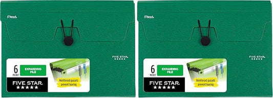 Five Star Expanding File Organizer, 6-Pocket Accordian File Organizer, Bungee Closure, Holds 11" x 8-1/2", Forest Green (350100D-ECM) (Pack of 2)