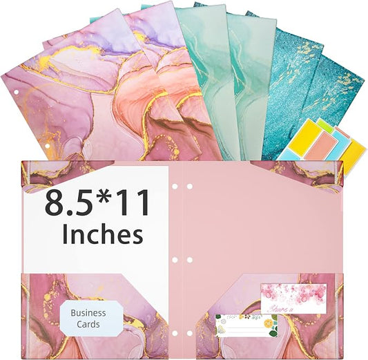 Ospelelf Folders with Pockets, Waterproof Plastic Folder with Two Fixed Corner Tabs and 2 Pockets Includes Business Card Slot, Includes Sticker, Fits 3 Ring Binder Holds 11" x 8.5", 6-Pack