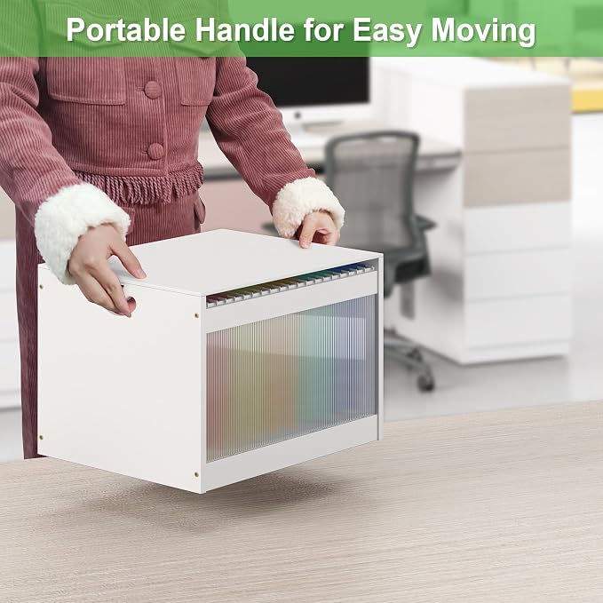 Hanging File Box Organizer for Letter Size, Bamboo Acrylic File Folder Storage with Lid Clear Moving Boxes Wooden with Handle Desktop Wood Filing Holder for Office Banker Document White 1 Pack