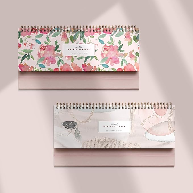 Pink Abstract Non-Dated Spiral Weekly Desk Calendar Planner, 60 Week Inspirational To Do List Pad Desktop Stand, 3.75" x 10.5", La Lune Collection by Bright Day
