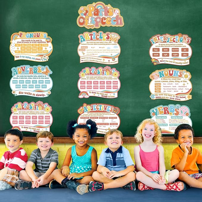 QOUBAI 10Pcs Groovy Parts of Speech Posters for Classroom Decorations Retro English Grammar Chart Language Arts Bulletin Board Decor for Teachers Elementary Middle School Home Educational Supplies