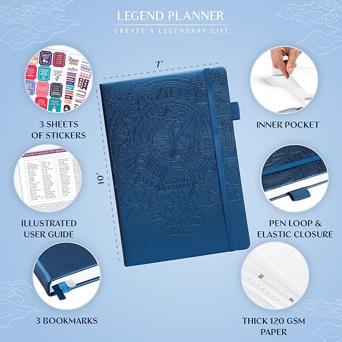 Legend Planner PRO – Deluxe Weekly & Monthly Life Planner to Increase Productivity and Hit Your Goals. Time Management Organizer Notebook – Undated – 7 x 10" Hardcover + Stickers – Mystic Blue